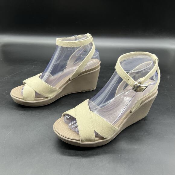 Crocs Sandals Womens 8 Leigh II Beige Strappy Wedge Platform Shoes - Picture 4 of 12